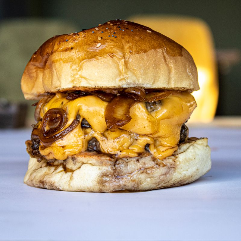 Beef Burgers with Whiskey Caramelized Onions and Blue Cheese