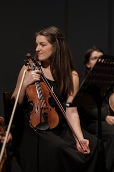Female violinist holding a violin during a concert performance indoors.