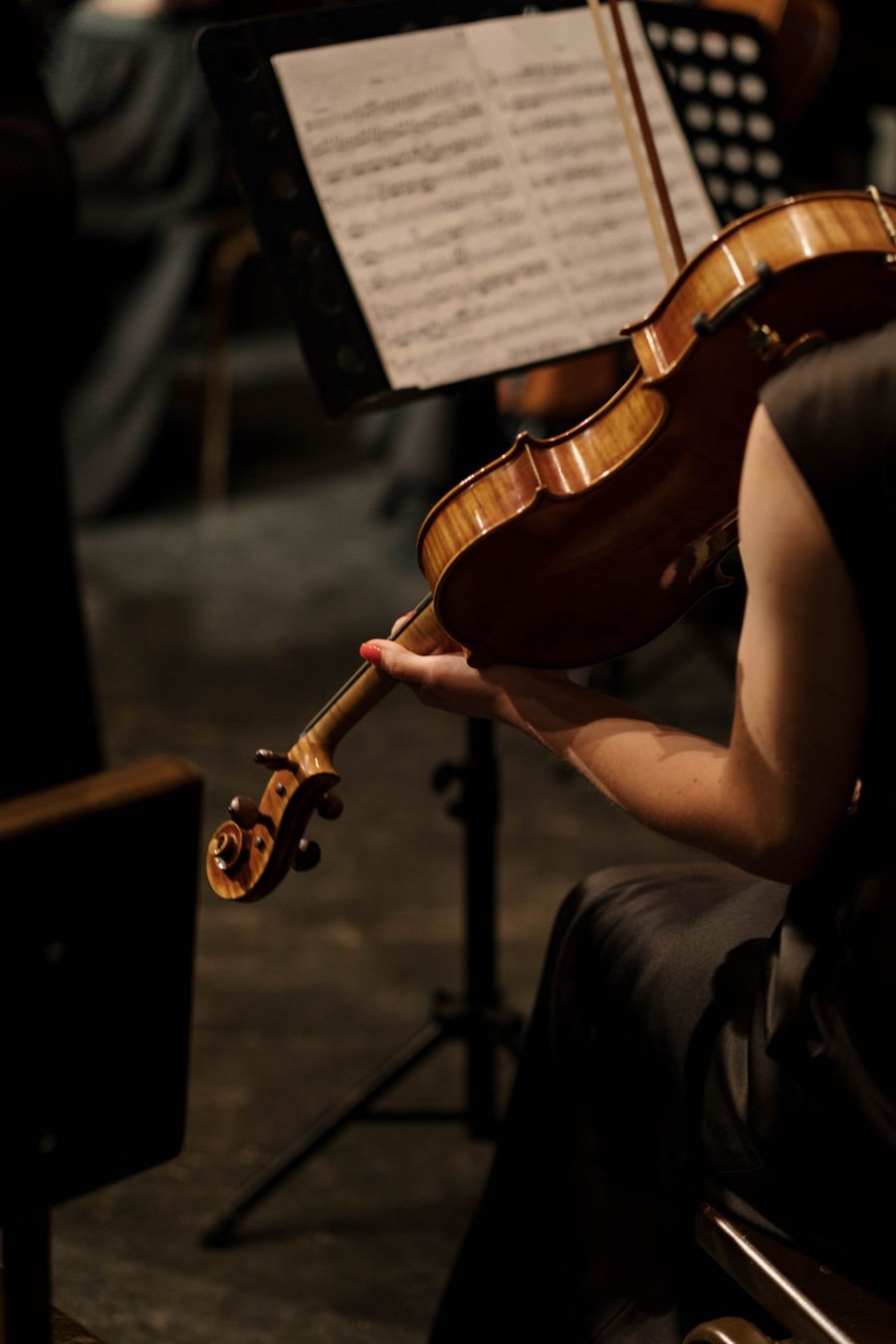 A violinist of the ensemble playing beside a stand of sheet music