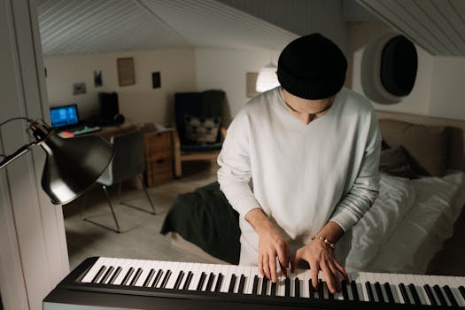 A young man practicing on a keyboard indoors, creating music in a home studio setting.