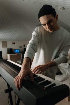 An adult musician playing an electronic keyboard in a cozy indoor setting.