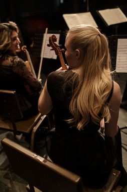 Orchestra performing in a concert hall