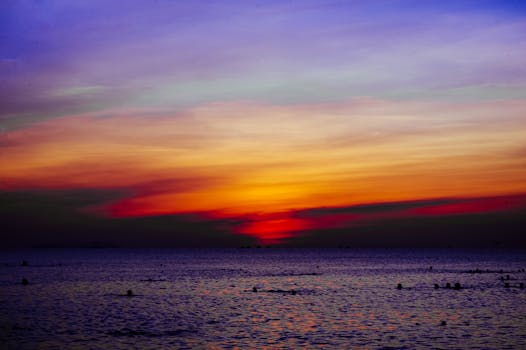 夕阳的余晖在平静的海面上洒下斑斓的色彩，游泳者的剪影也随之浮现