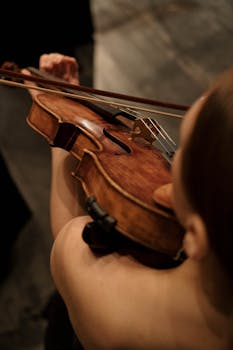 A detailed view of a woman playing a violin, highlighting her focus and the instrument's texture.