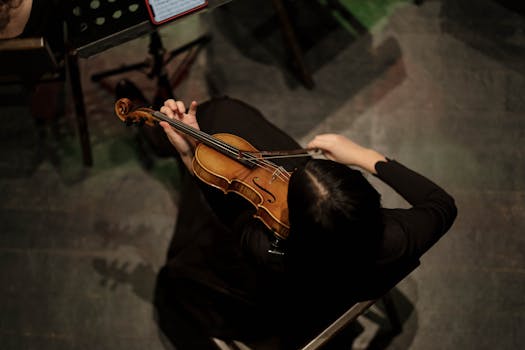 Overhead view of a woman playing violin on stage, captured during a classical music performance.