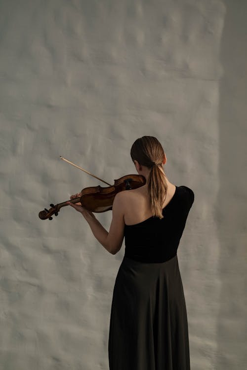 Free Back View of a Woman in Black Dress Playing a Violin Stock Photo