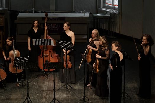 Group of women musicians playing string instruments in an indoor concert setting.