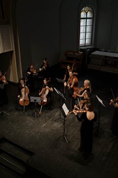 Women's string ensemble playing in a dimly lit concert hall. High angle view of violinists and cellists.
