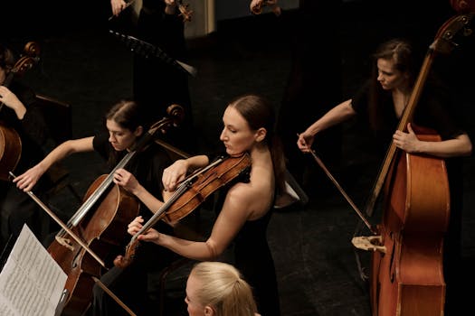 A group of female musicians playing string instruments during an indoor concert.
