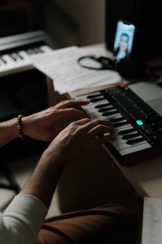 A close-up of hands playing a synthesizer indoors, capturing the creative process of composing music.