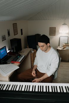 Man in a home studio composing music with keyboard and computer setup.