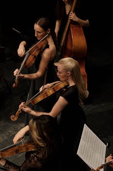 A group of female musicians playing string instruments in an orchestra on stage.