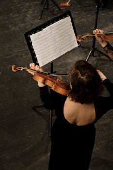 Back view of a violinist during a live performance, focusing on the music.