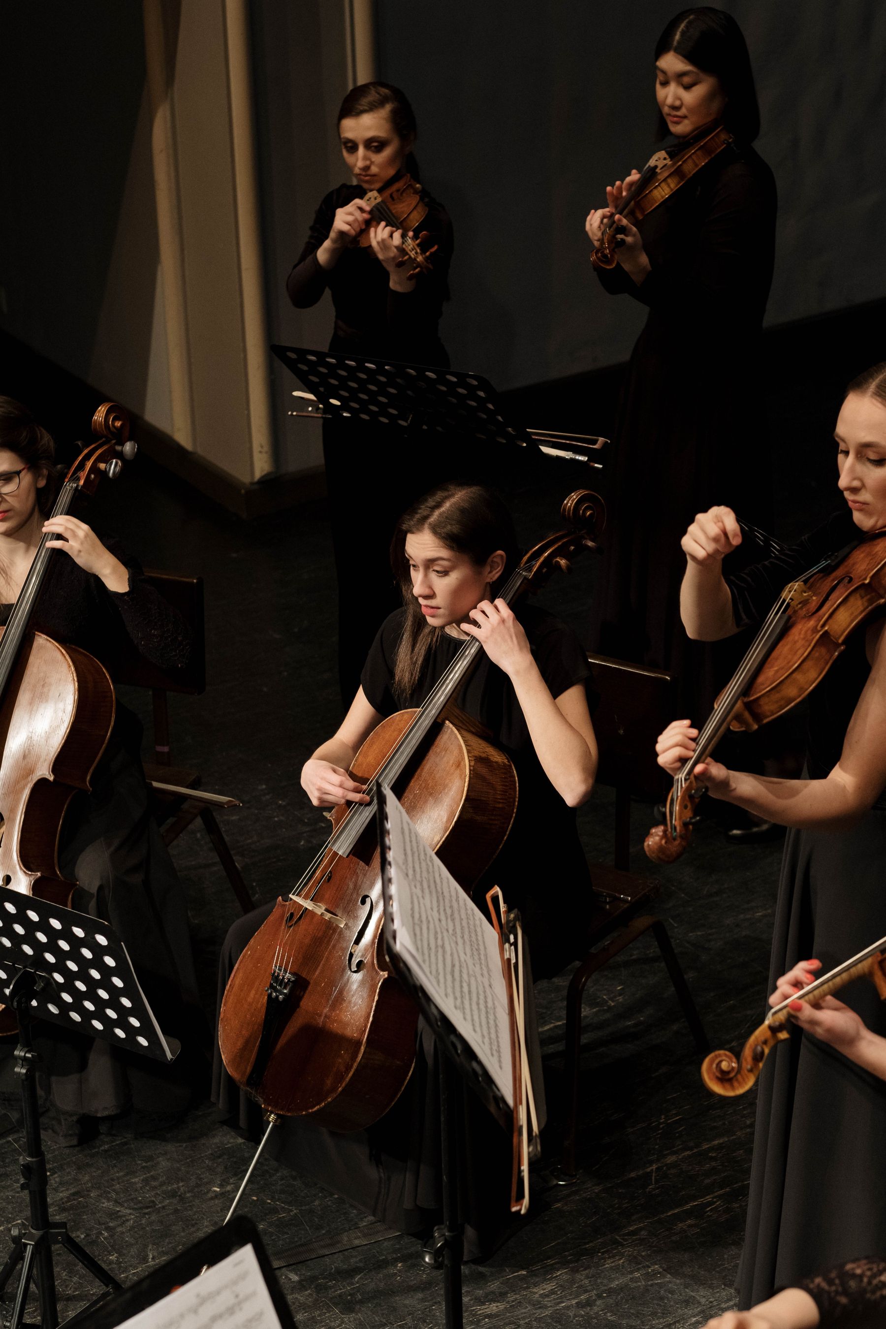 Sección profesional de cuerdas ensayando para concierto