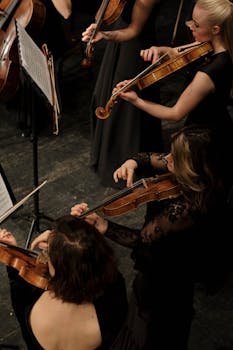 Top-view of female violinists in black dresses performing in an orchestra.