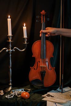 Classical still life featuring a violin, candles, and sheet music, creating a warm and artistic atmosphere.