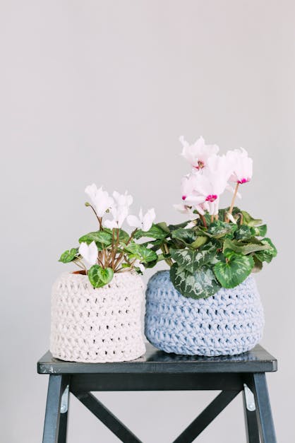 Two White and Blue Crochet Flower Pot