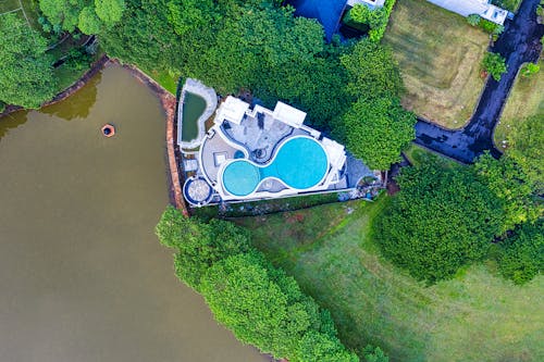 Aerial View of Swimming Pool near the Green Trees