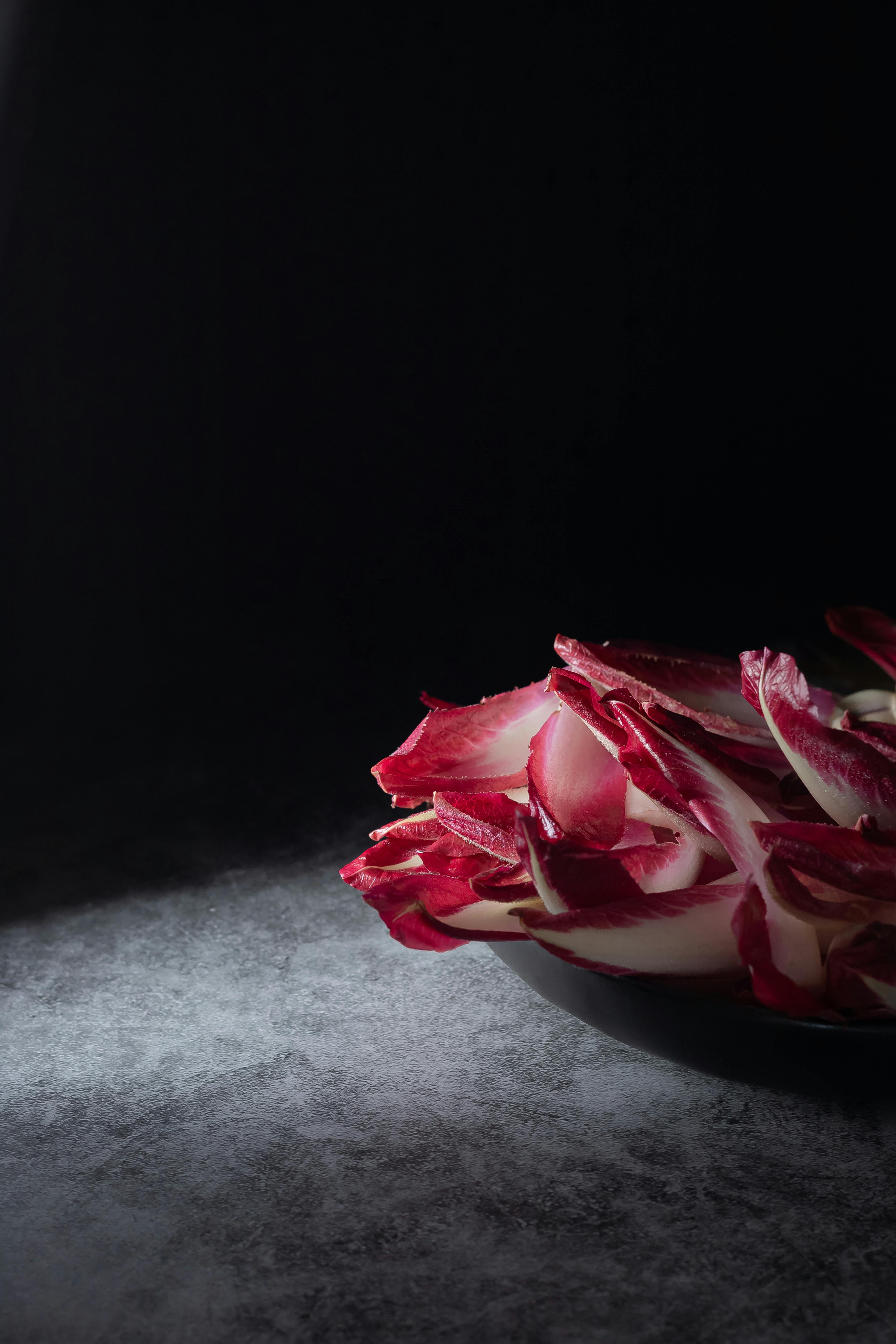 Beautiful close-up of fresh red chicory leaves on a textured dark surface, showcasing its vivid colors.