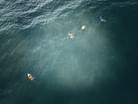 People resting on surfing boards in sea water