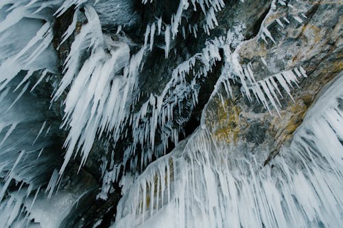 Low-Angle Shot of Frozen Icicles