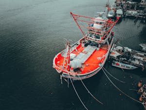 Fishing ship moored in dock with boats