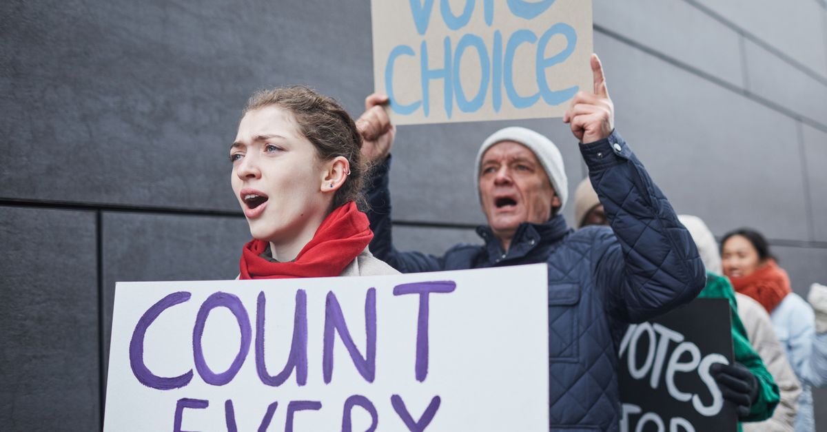 A diverse collage of election posters, voting buttons, and protest signs from around the world