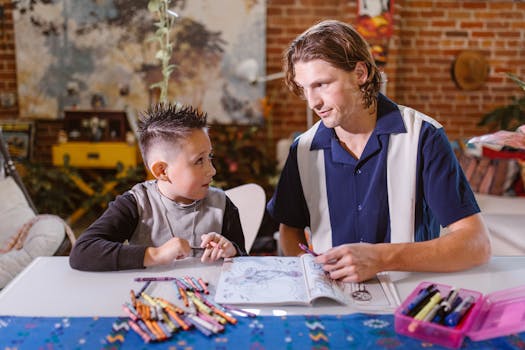 A father and son spending quality time coloring together indoors, promoting creativity and bonding.