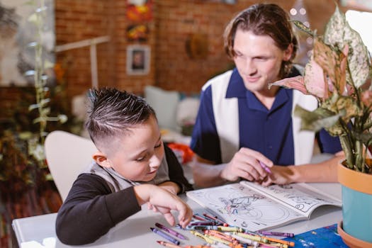 An adult and child bonding over a coloring activity indoors. Enhancing creativity and family time.