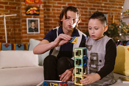 A father and son bonding over educational magnetic block play at home.