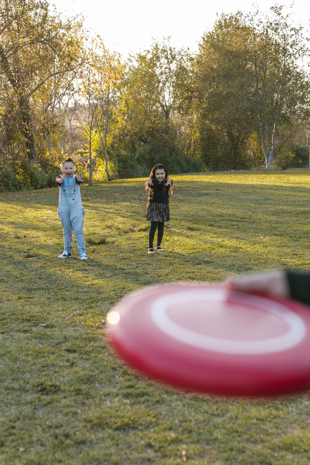 Family playing frisbee in a park