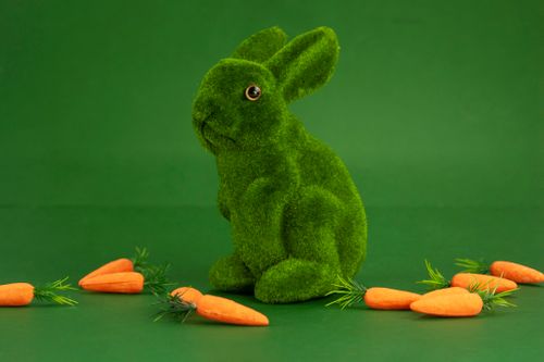 Free Adorable green plush bunny surrounded by carrots on a green background. Stock Photo