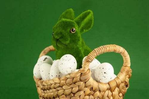 Free Colorful Easter basket filled with a moss bunny and speckled eggs on a green background. Stock Photo