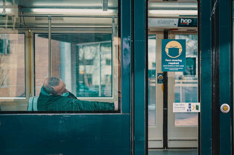 Man In Face Mask Sleeping In Train