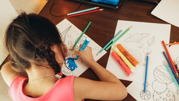 Young girl coloring space-themed drawings with markers and pencils indoors.