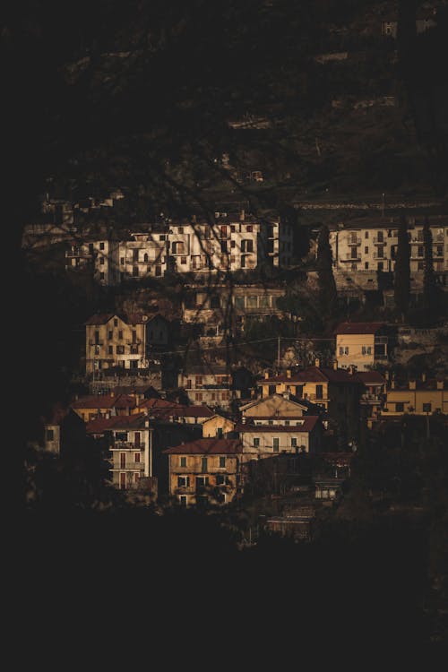 Settlement with old residential houses with windows located on slope with grass and leafless trees in suburb area in countryside