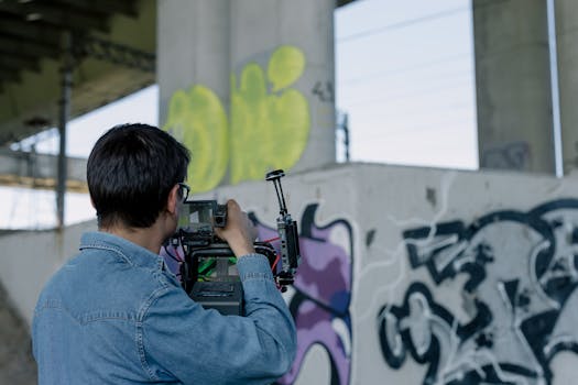 A videographer films graffiti under a bridge wearing a denim jacket. Urban art and creativity in focus.