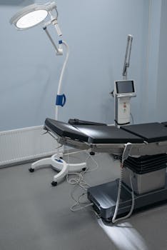 A sterile operating room featuring advanced surgical equipment and lighting.