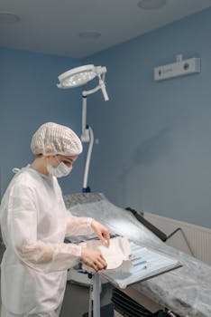 A healthcare worker in PPE preparing medical instruments in a clinical setting.