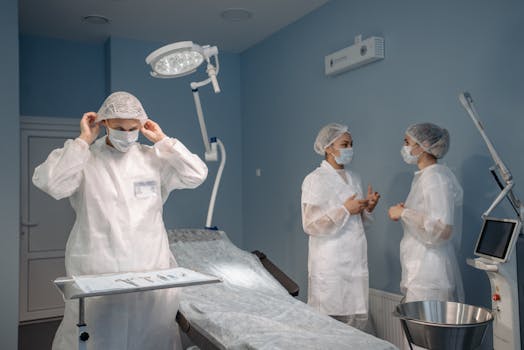Healthcare professionals in PPE discussing surgical procedures in a modern operating room.