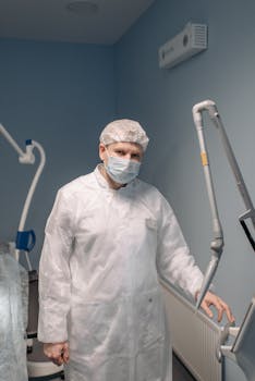 Doctor wearing PPE in a medical clinic, showcasing safety and hygiene in healthcare settings.