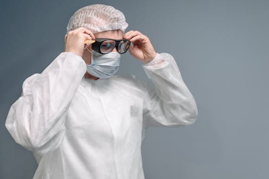 A medical professional adjusts protective eyewear while wearing sterile attire for a safe environment.
