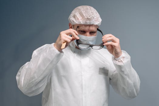 Healthcare professional wearing protective gear indoors, adjusting eyewear in a medical setting.
