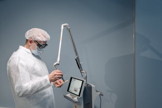 A doctor uses advanced laser technology in a medical facility, wearing protective gear.