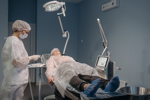 A healthcare professional performs a laser procedure on a female patient in a sterile operating room.
