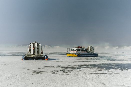 Modern hovercraft on frozen sea