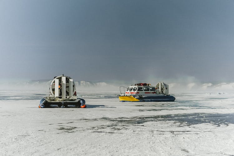 Modern Hovercraft On Frozen Sea