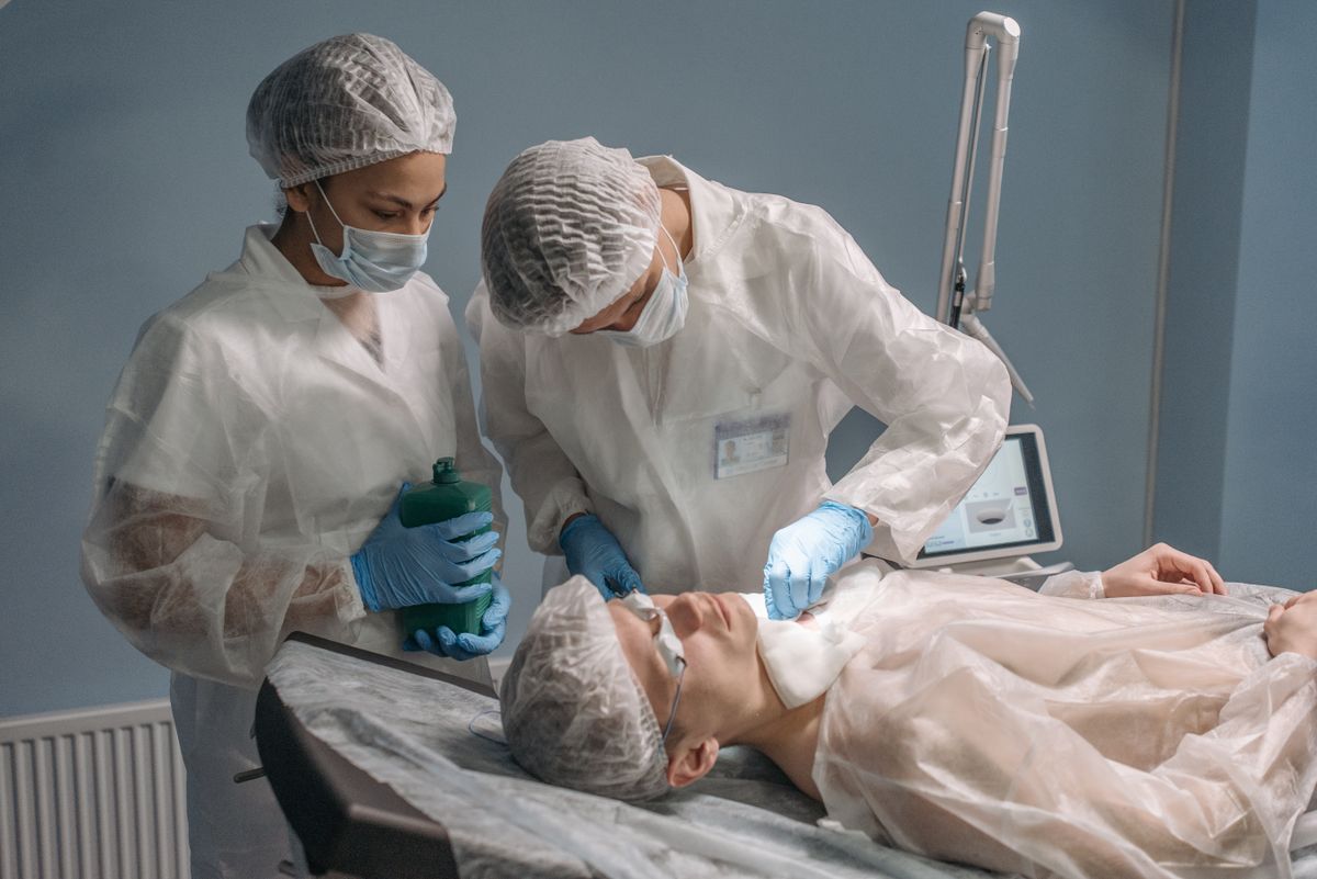 Surgical team working together during an operation in a hospital