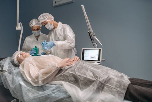 Two doctors administering a cosmetic treatment to a patient in a clinic setting.