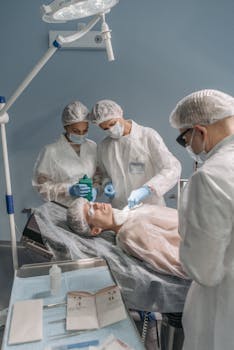 Medical professionals conducting a surgical procedure in a hospital operating room.